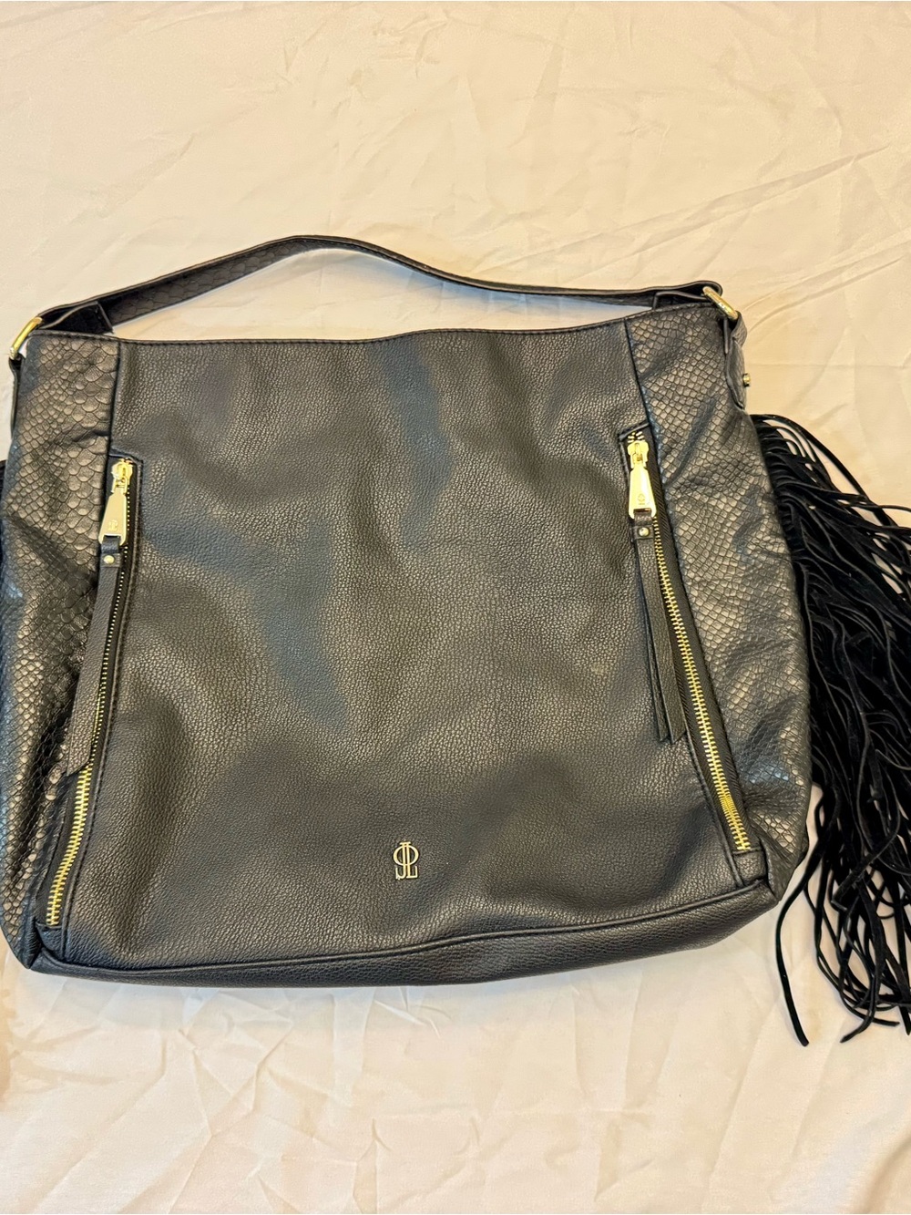 JLO by Jennifer Lopez Gypsy Black Fringe Hobo Shoulder Bag Gold Hardware Boho
